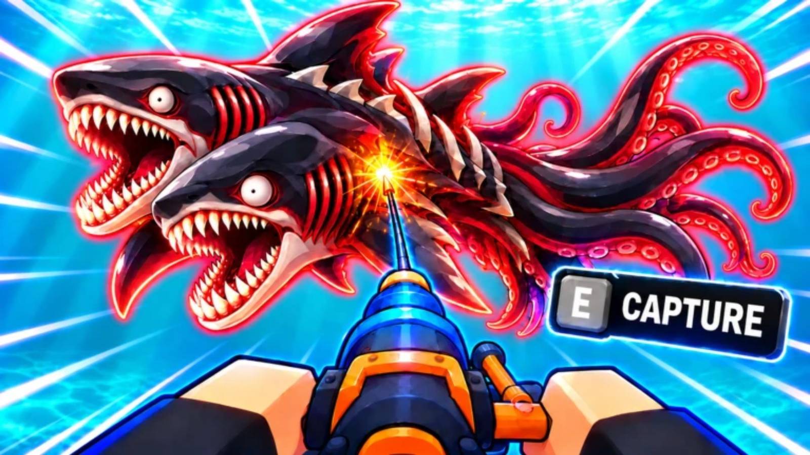 Harpoon a Fish artwork: a harpoon aimed at a two-headed shark monster with an on-screen capture prompt